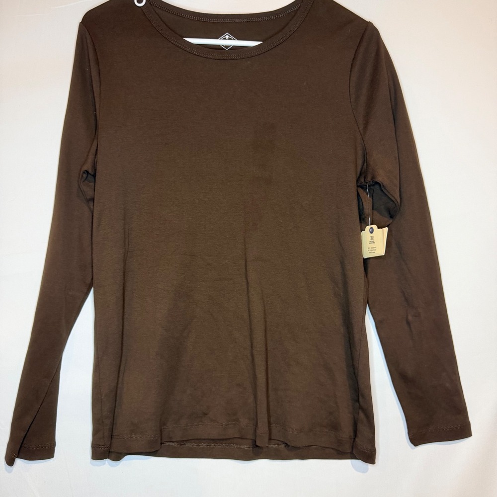 St Johns Bay Womens Essential Tee Long Sleeve Cotton Brown Shirt Large NWT
